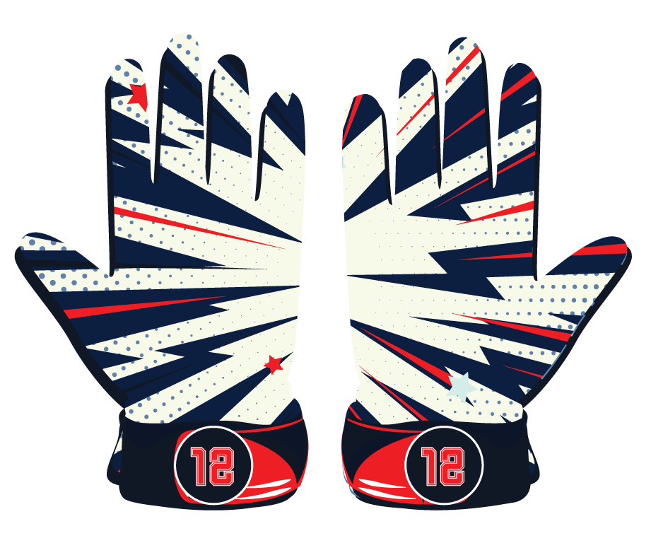 custom softball gloves with red, white, and blue starburst design and number 12 on wrist straps